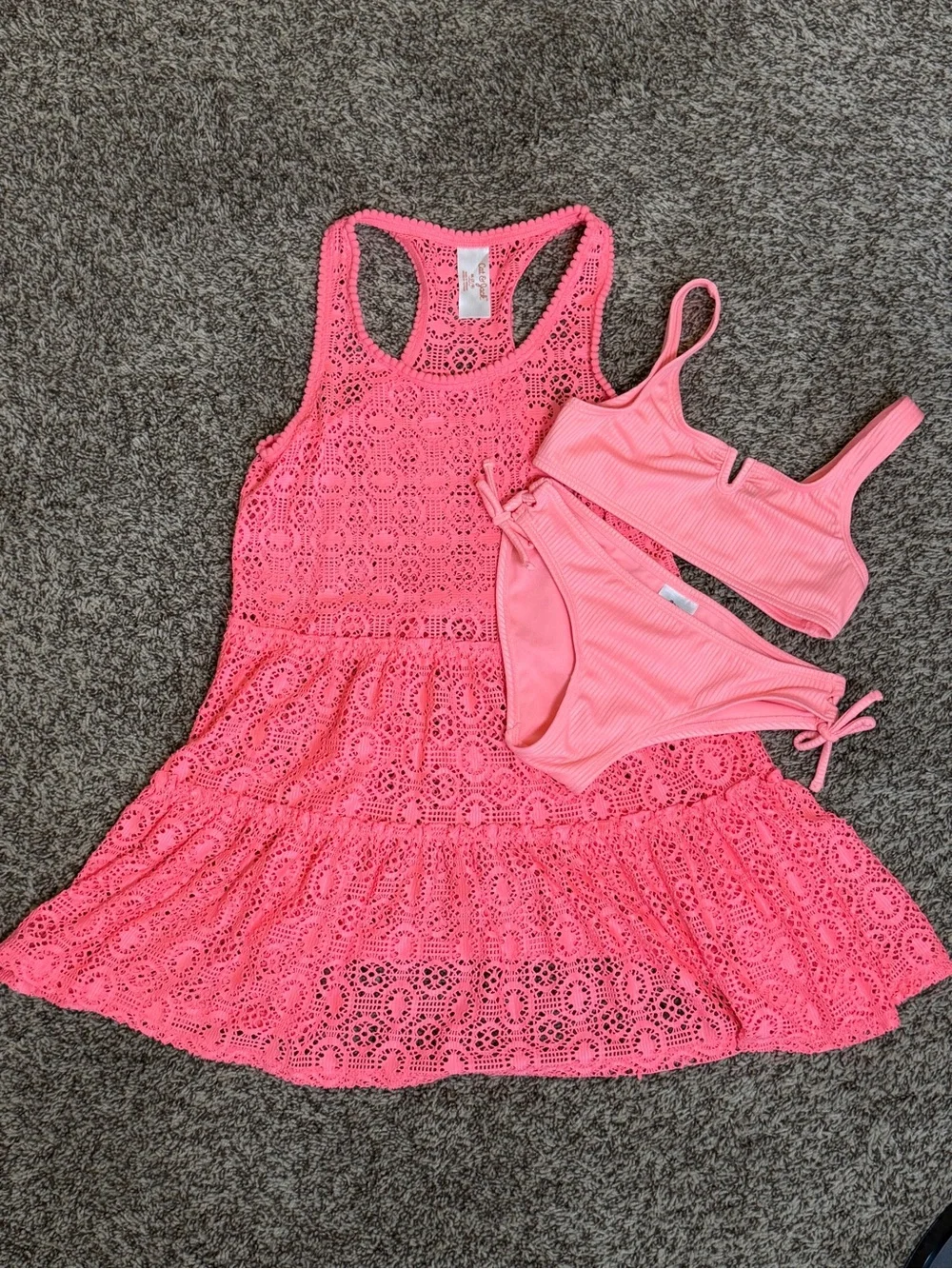Cat & Jack Girls M 7/8 Coral Pink Bikini Swimsuit & Crochet Cover Up 3 Pc Set
